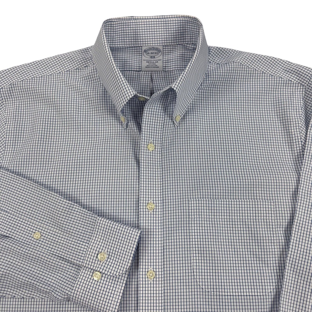 Brooks Brothers 1818 Shirt Mens 16 32/33 Blue Check Regular Non Iron Cotton Work